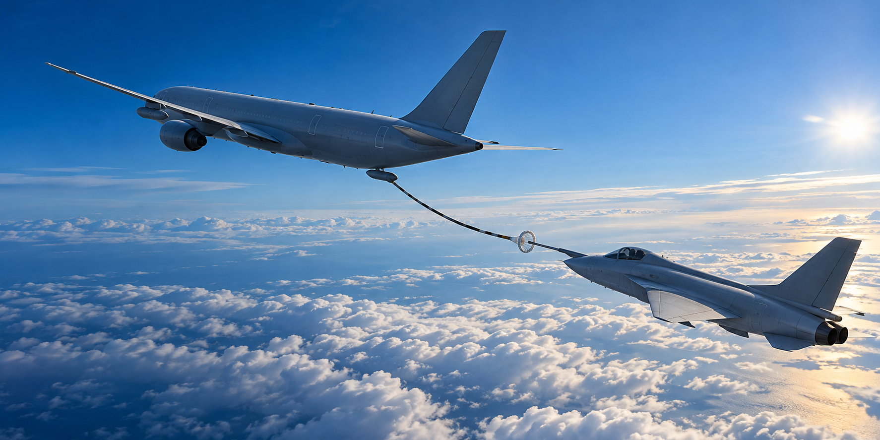 Generated concept of a tanker aircraft refueling a receiver aircraft above the clouds